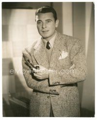 2x312 GEORGE BRENT deluxe 8x10 still '38 close portrait in suit & tie holding pipe by Welbourne!