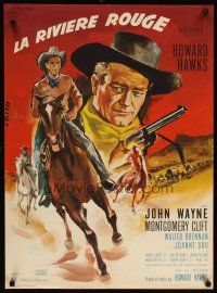 3e266 RED RIVER French 23x32 R64 different Allard art of John Wayne & Montgomery Clift, Hawks