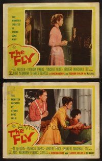 3j898 FLY 2 LCs '58 Al Hedison in shadows lets Patricia Owens into his lab, worried on couch!