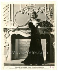 3k133 CAROLE LOMBARD 8.25x10 still '30s full-length portrait in pretty dress by ornate fireplace!