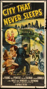 3m243 CITY THAT NEVER SLEEPS 3sh '53 great art of gunfight under elevated train in Chicago!