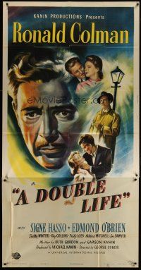 3m268 DOUBLE LIFE 3sh '47 cool film noir art, Ronald Colman, Signe Hasso & pretty Shelley Winters!