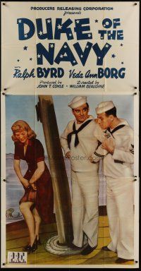 3m275 DUKE OF THE NAVY 3sh '42 Ralph Byrd & Stubby Kruger stare at Veda Ann Borg's sexy leg!