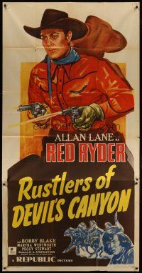 3m500 RUSTLERS OF DEVIL'S CANYON 3sh '47 cool art of Allan Lane as Red Ryder shooting two guns!