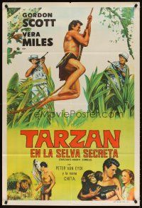 3m695 TARZAN'S HIDDEN JUNGLE Argentinean '55 artwork of Gordon Scott as Tarzan swinging on vine!