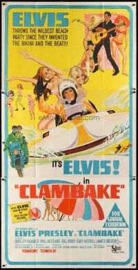 3m158 CLAMBAKE Aust 3sh '67 cool art of Elvis Presley in speed boat with sexy babes, rock & roll!