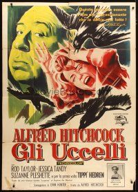 3m848 BIRDS Italian 1p '63 cool different art with director Alfred Hitchcock & attacking birds