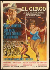 3m860 CIRCUS WORLD Italian 1p '65 different art of Claudia Cardinale on trapeze & John Wayne!