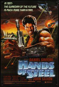 3p331 HANDS OF STEEL 1sh '86 cool artwork of cyborg commando Daniel Greene!