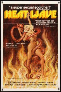 3p356 HEAT WAVE 1sh '77 x-rated, incredible sexy Weston art of naked woman & Devil serpent!