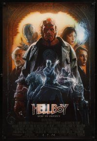 3p361 HELLBOY heavy stock advance 1sh '04 Ron Perlman, Guillermo del Toro, Drew Struzan art!