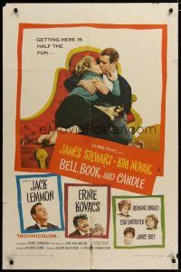 3x075 BELL, BOOK & CANDLE 1sh '58 James Stewart kissing sexiest witch Kim Novak!