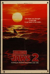 3x409 JAWS 2 style B teaser 1sh '78 classic art of man-eating shark's fin in red water at sunset!