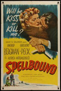 3x774 SPELLBOUND 1sh R49 Hitchcock, c/u of Ingrid Bergman & Gregory Peck with straight razor!