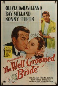 3x947 WELL GROOMED BRIDE style A 1sh '46 art of Olivia de Havilland & Ray Milland kiss close up!