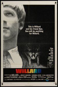 3x964 WILLARD 1sh '71 creepy close up of Bruce Davison with pet rat on shoulder!