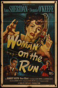 3x971 WOMAN ON THE RUN 1sh '50 art of Ann Sheridan & Dennis O'Keefe + rollercoaster, noir!