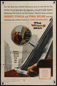 3x979 WRONG MAN 1sh '57 Henry Fonda, Vera Miles, Alfred Hitchcock, cool rear view mirror art!