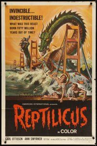 4d728 REPTILICUS 1sh '62 indestructible 50 million year-old giant lizard destroys bridge!