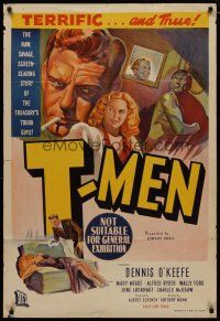 4e768 T-MEN Aust 1sh '48 Anthony Mann film noir, cool art of sexy bad girl & man with gun!