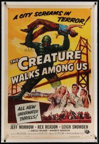 4g092 CREATURE WALKS AMONG US linen 1sh '56 Brown art of monster attacking by Golden Gate Bridge!