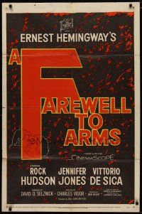 4m316 FAREWELL TO ARMS 1sh '58 silhouette art of Rock Hudson & Jennifer Jones, Ernest Hemingway!