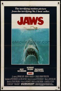 4m467 JAWS 1sh '75 art of Spielberg's classic man-eating shark attacking swimmer!