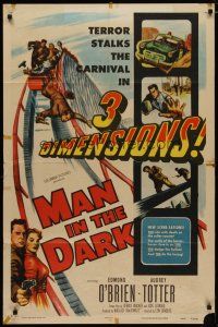 4m566 MAN IN THE DARK 1sh '53 really cool 3-D art of men fighting on rollercoaster!