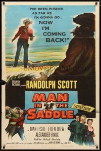 4m568 MAN IN THE SADDLE 1sh '51 cowboy Randolph Scott in western action, Joan Leslie!