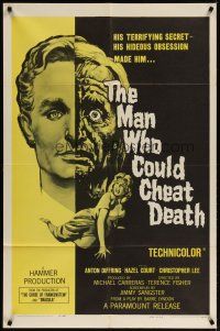 4m569 MAN WHO COULD CHEAT DEATH 1sh '59 Hammer horror, cool half-alive & half-dead headshot art!