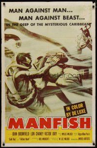 4m575 MANFISH 1sh '56 aqua-lung divers in death struggle with each other & sea creatures!