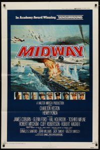 4m597 MIDWAY 1sh '76 Charlton Heston, Henry Fonda, dramatic naval battle art!