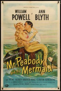 4m617 MR. PEABODY & THE MERMAID 1sh '48 art of William Powell being kissed by sexy Ann Blyth!