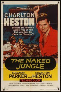 4m627 NAKED JUNGLE 1sh R60 huge image of Charlton Heston with rifle, Eleanor Parker, George Pal!