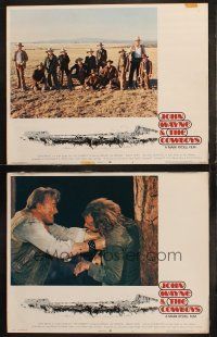 5c890 COWBOYS 2 LCs '72 big John Wayne in a great cast portrait & slamming Bruce Dern into tree!