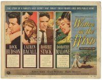 5j319 WRITTEN ON THE WIND TC '56 art of sexy Lauren Bacall, Rock Hudson, Robert Stack & Malone!