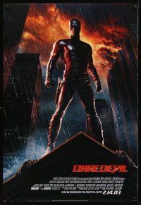 5y205 DAREDEVIL style A advance DS 1sh '03 image of Ben Affleck in costume standing in rain!