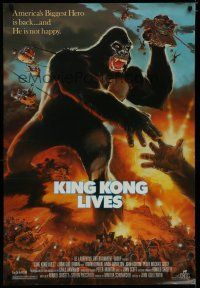 5y441 KING KONG LIVES 1sh '86 great artwork of huge unhappy ape attacked by army!