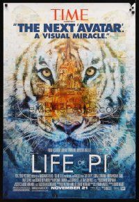 5y468 LIFE OF PI style B advance DS 1sh '12 Suraj Sharma, Irrfan Khan, cool collage image of tiger!