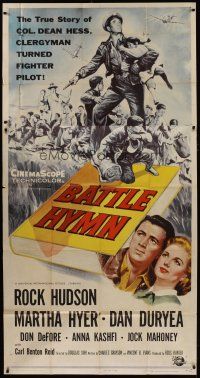 6a421 BATTLE HYMN 3sh '57 art of Rock Hudson as clergyman turned fighter pilot!