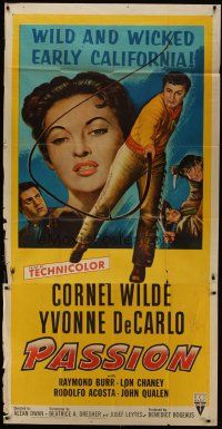 6a580 PASSION style A 3sh '54 Cornel Wilde, Yvonne De Carlo, Lon Chaney Jr., wild early California!