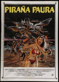 6a910 PIRANHA PART TWO: THE SPAWNING Italian 1p 1982 art of flying fish attacking people on beach!