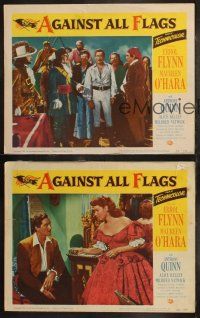 6b766 AGAINST ALL FLAGS 3 LCs '52 images of pirate Errol Flynn,  Maureen O'Hara & Anthony Quinn!