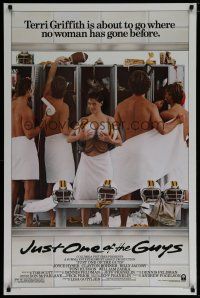 6m458 JUST ONE OF THE GUYS 1sh '85 Joyce Hyser poses as man, wacky locker room image!