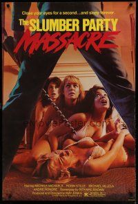 6m727 SLUMBER PARTY MASSACRE 1sh '82 killer w/huge drill & sexy barely-dressed girls on floor!