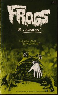 6p585 FROGS pressbook'72 great horror art of man-eating amphibian with human hand hanging from mouth