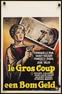 6r567 LE GROS COUP Belgian '64 cool artwork of Emmanuelle Riva with pistol!