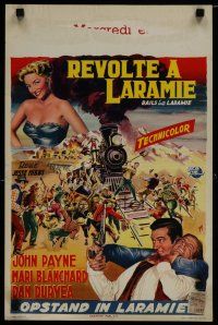 6r584 RAILS INTO LARAMIE Belgian '54 Bos art of John Payne fighting for gun & sexy Mari Blanchard!