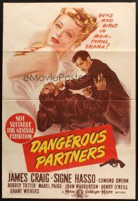 7e175 DANGEROUS PARTNERS Aust 1sh '45 guns & girls, cool art of fistfight & sexy Audrey Totter!