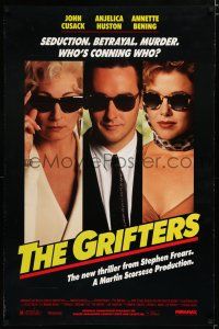 7w251 GRIFTERS 1sh '90 John Cusack, sexy Annette Bening & Anjelica Huston!